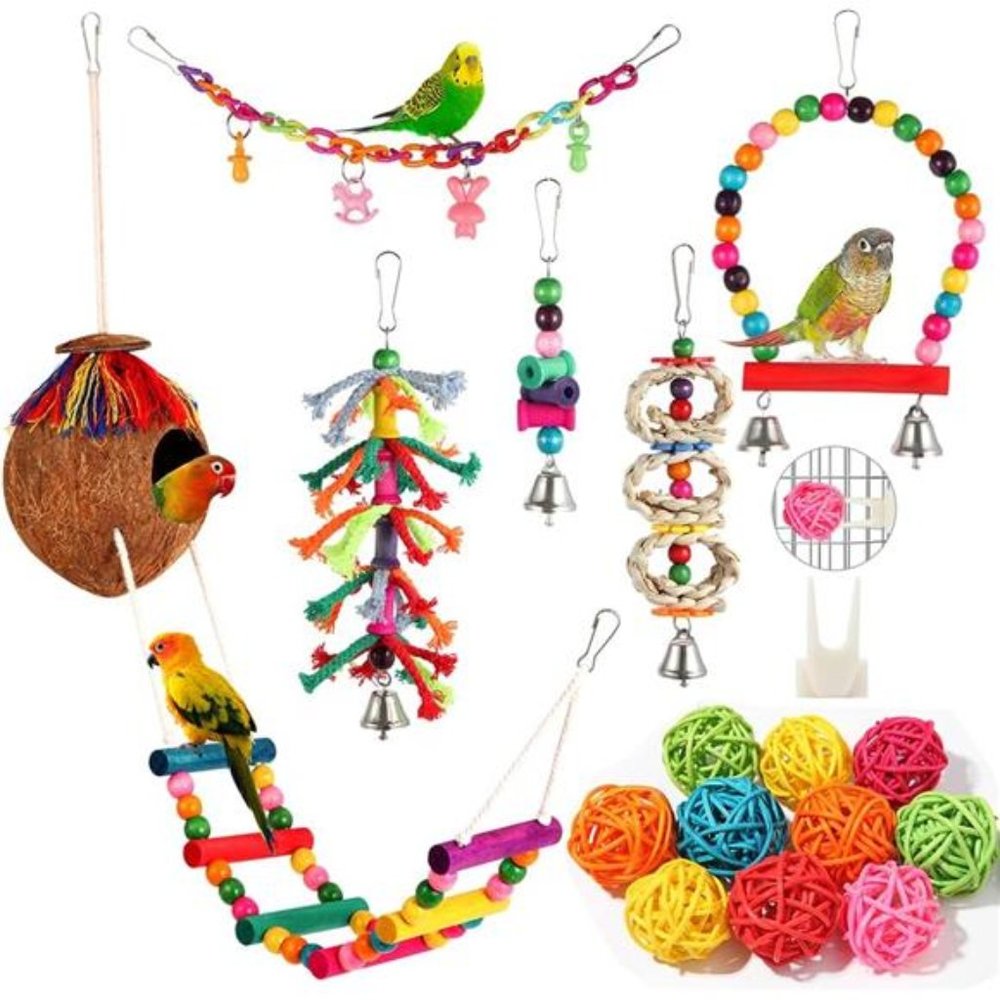 Bird Toys 17Pcs Bird Parakeet Swing Chewing Hanging Toys Climbing Ladder Coconut